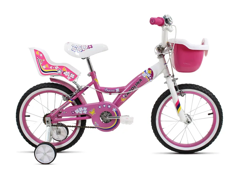 Carolina Princess 16 rosa con canasta, porta muñeca y rueditas