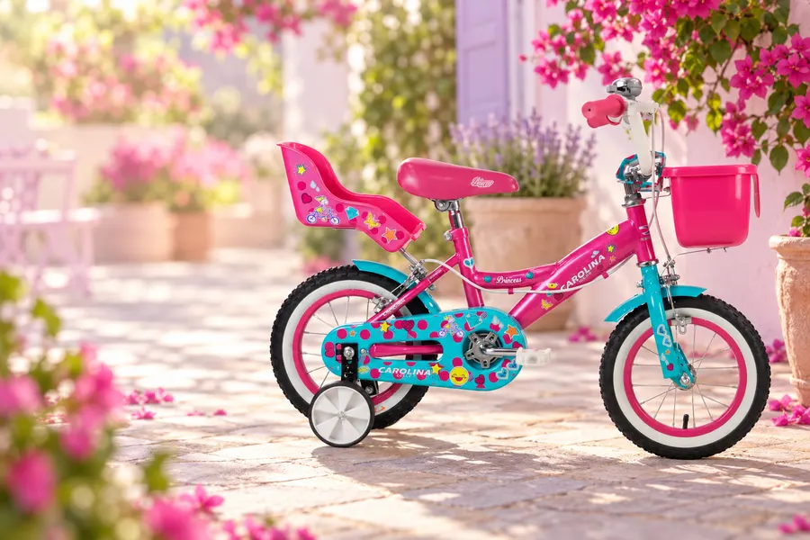 Carolina Princess 12 rosada con canasta, silla para muñeca y rueditas de apoyo en un patio con buganvilias