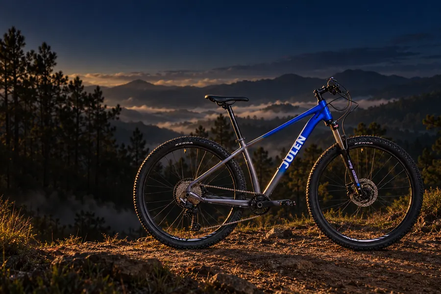 Julen Ultra 1×12 azul y gris titanio de perfil en un sendero de montaña entre pinos, con neblina en los valles y luz dorada del amanecer